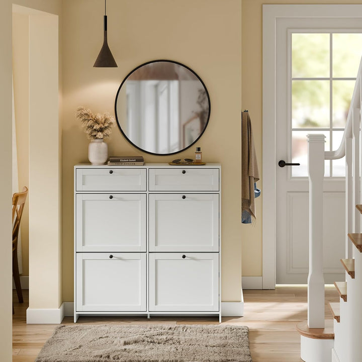 Smalt hvidt skoskab – moderne, pladsbesparende med plads til 12 par, inkl. anti-vippeanordning og silikonefødder, 100 × 19 × 107 cm