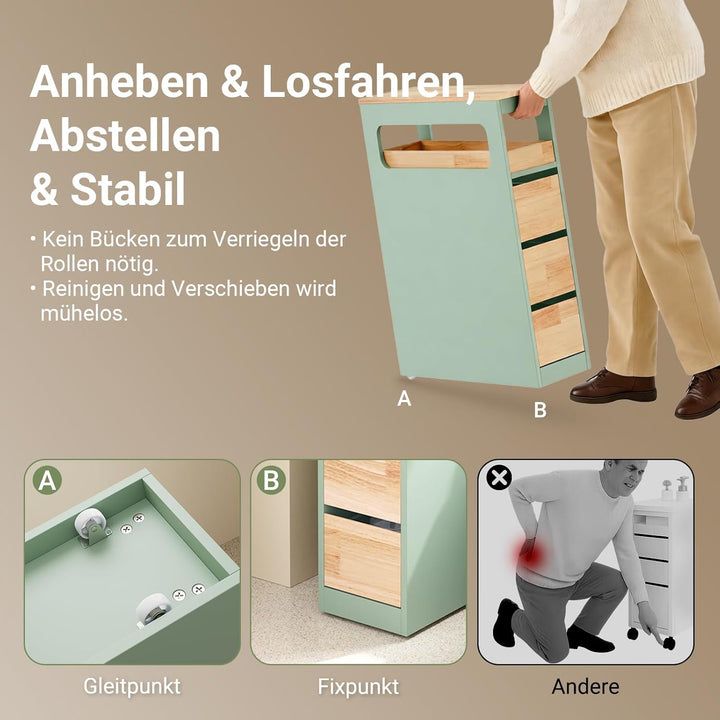 Smalt badeværelsesskab med 3 skuffer, pladsbesparende rullevogn på hjul, velegnet til badeværelse, toilet og køkkenopbevaring, 65x24x82 cm, grøn