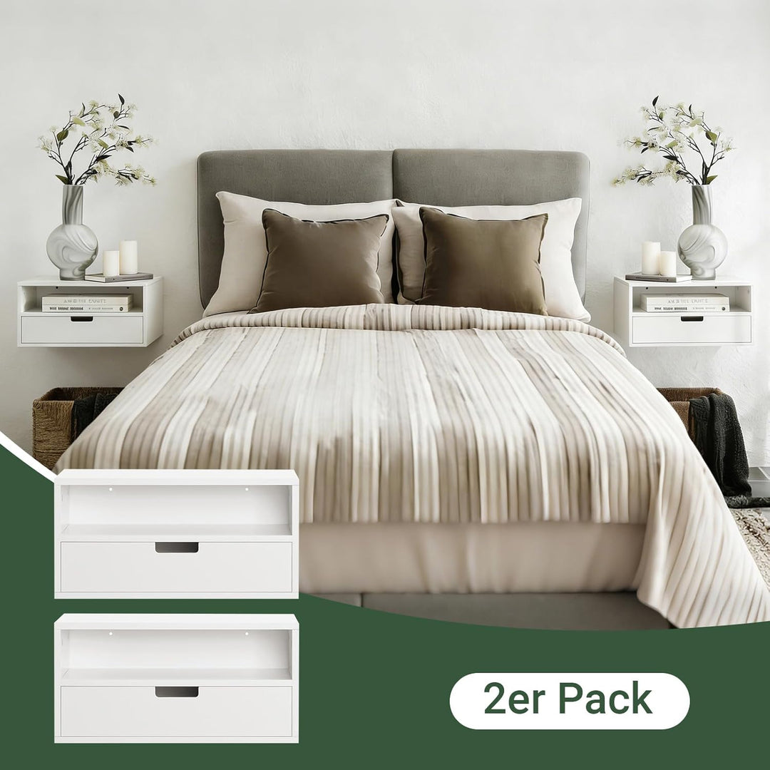 Sæt med 2 vægsengebord - pladsbesparende, skuffe og åbent rum, vægmonteret natbord, B45 x D25 x H22 cm, hvid