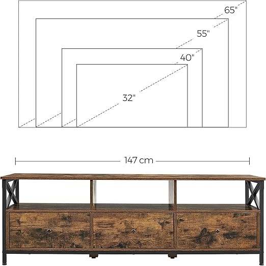 TV-bord til 65" skærm, med 3 skuffer og åbne hylder, 147x40x50 cm