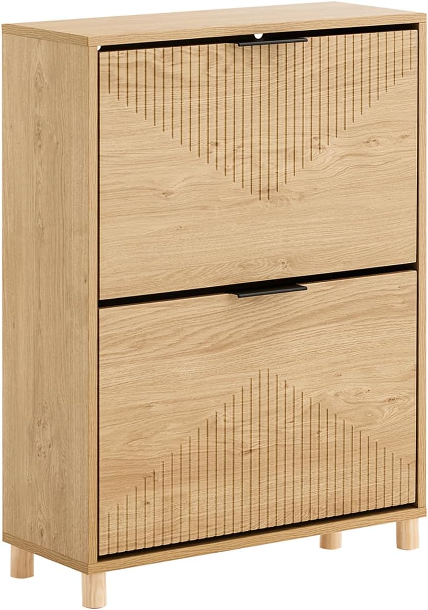 Smalt skoskab i trælook, pladsbesparende, op til 8 par sko, inkl. vippefunktion, 60 × 88 × 24 cm