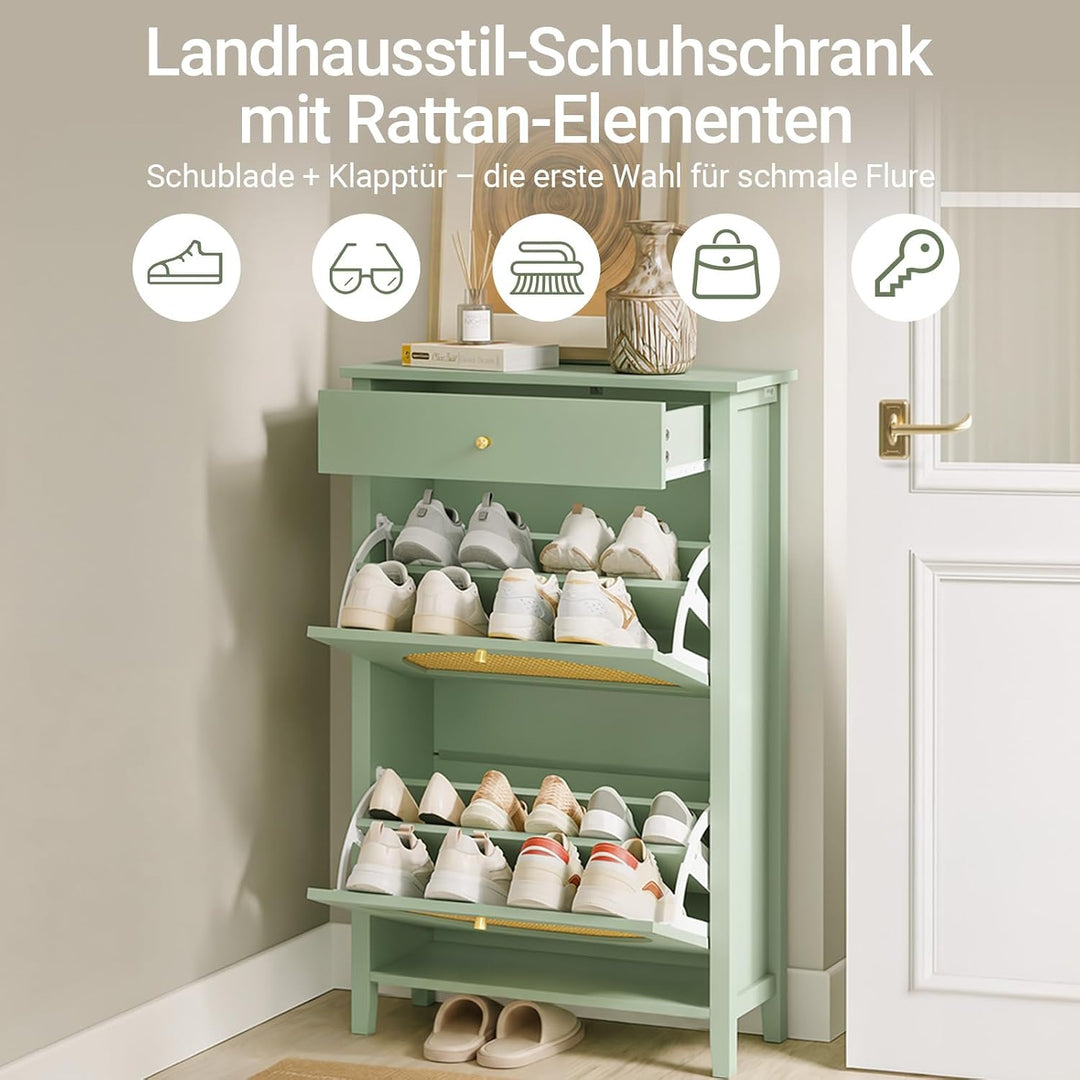 Skoskab smal - 62x25x97cm, MDF, rattandøre, skuffe, plads til 8 par sko, pladsbesparende, grøn gul