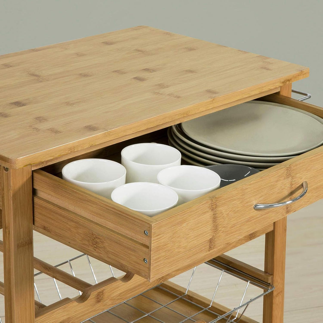 Køkkenvogn i bambus med vinreol, B56 x D36 x H92 cm, naturfarvet