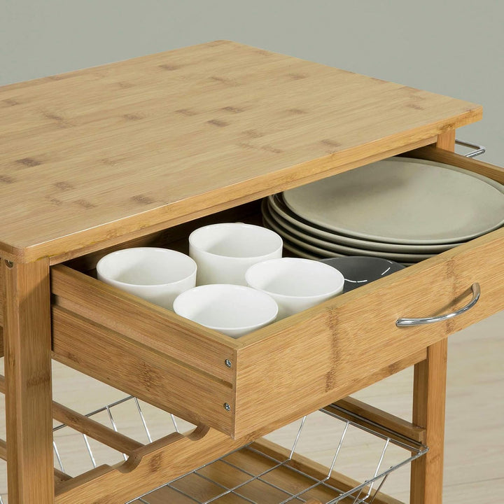 Køkkenvogn i bambus med vinreol, B56 x D36 x H92 cm, naturfarvet