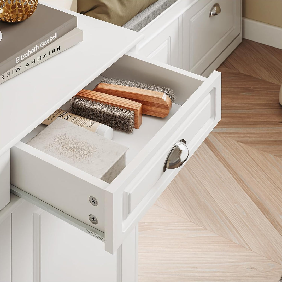 Elegant skoskab & kommode – plads til 12-15 par sko – justerbare hylder & 2 skuffer – hvid MDF