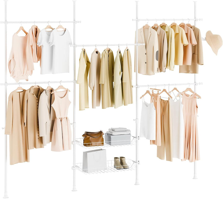 Teleskopisk tøjstativ i hvid – robust, justerbar åben garderobe med hylder