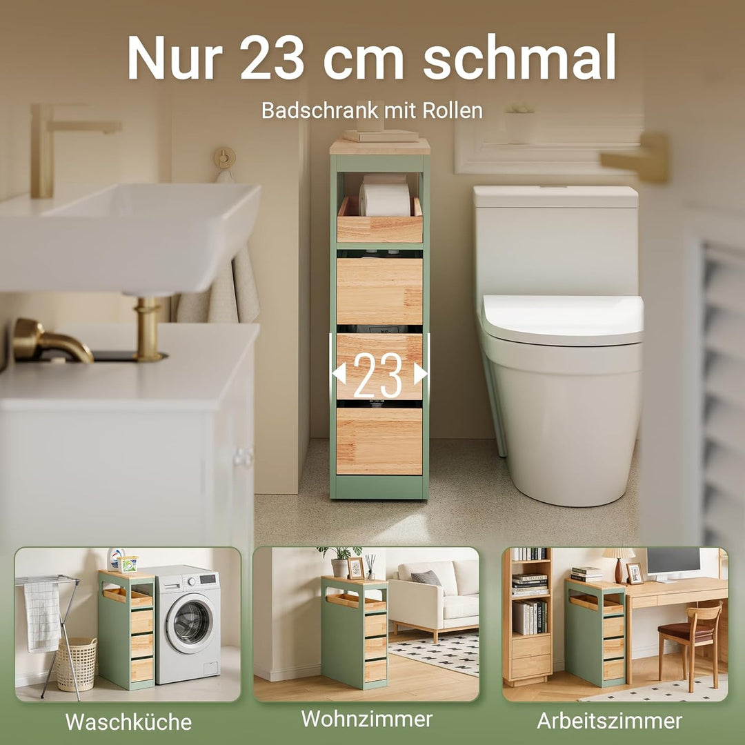 Smalt badeværelsesskab med 3 skuffer, pladsbesparende rullevogn på hjul, velegnet til badeværelse, toilet og køkkenopbevaring, 65x24x82 cm, grøn