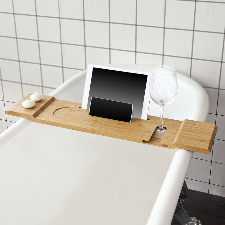 Badekarstativ i bambus, hylde til badekar med holder til tablet/mobil