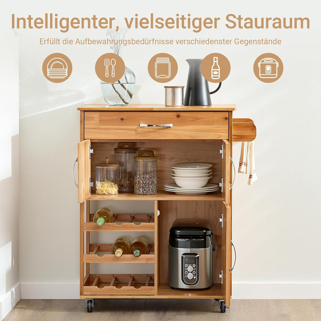 Køkkenvogn med hjul og vinreol, vintage naturfarvet, 67x88x37 cm