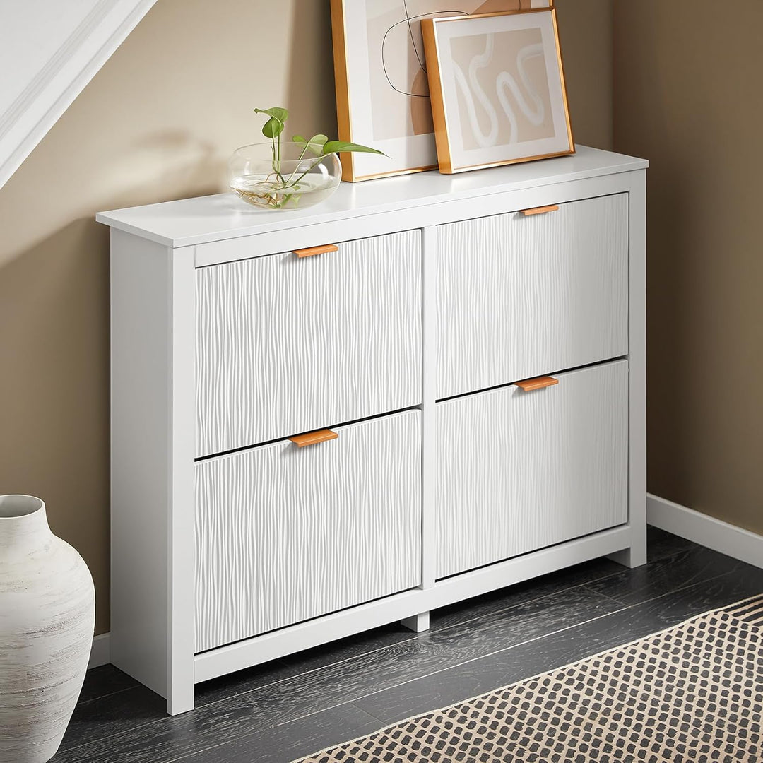 Smalt hvidt skoskab med 4 klaplåger – 8 opbevaringsrum til 16–24 par sko, ideel til entré og gang, 104 × 82 × 23 cm