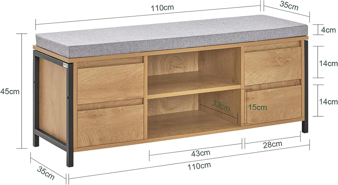 Skobænk med hynde, 110x35x45 cm, japandi-look, naturfarvet