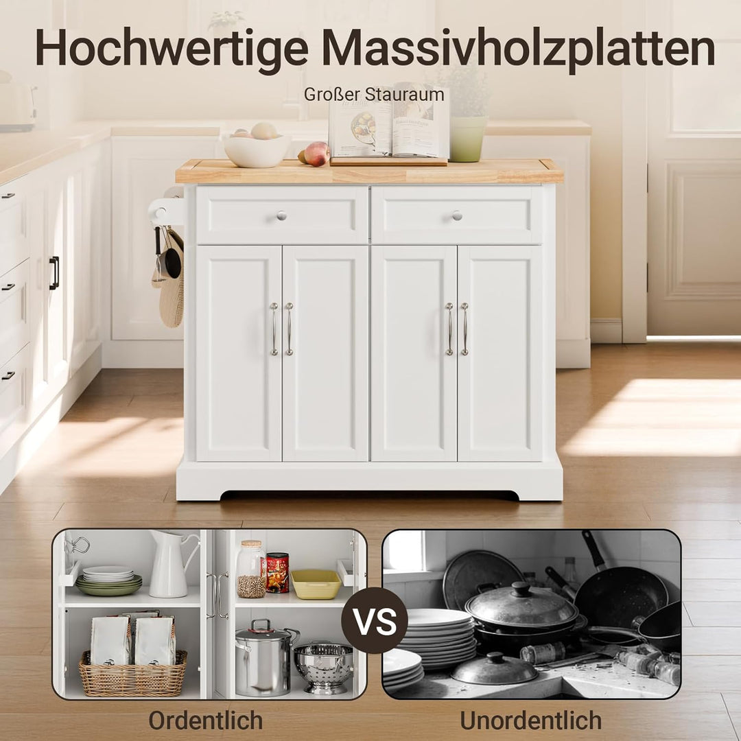 Stor køkkenø på hjul med udtrækkelig bordplade, mobil køkkenvogn med skuffer og opbevaring