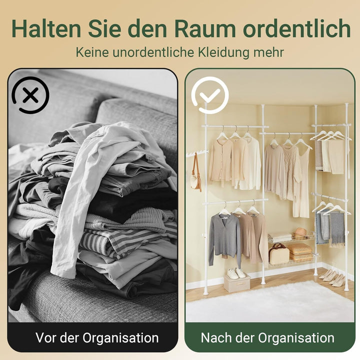 Teleskopisk tøjstativ i hvid – robust, justerbar åben garderobe med hylder