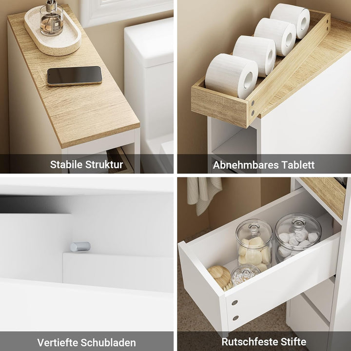 Smalt badeværelsesskab – 20 cm nicheskab med 3 skuffer, kompakt og flytbart til små badeværelser og køkkener, 60 × 20 × 82,3 cm