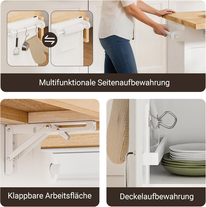 Stor køkkenø på hjul med udtrækkelig bordplade, mobil køkkenvogn med skuffer og opbevaring