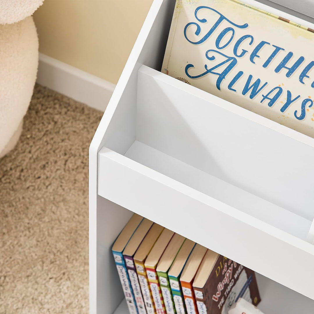 Bogreol Montessori til børn, 3 opbevaringsrum og 2 åbne rum til opbevaring af legetøj, 68 x 68 x 30 cm, hvid