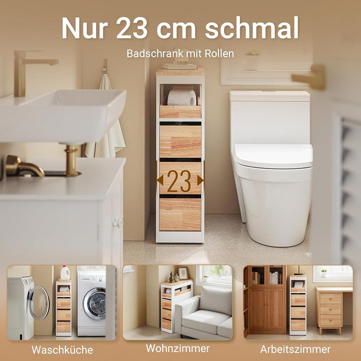 Smalt badeværelsesskab på hjul med 3 skuffer, pladsbesparende rullebord til badeværelse og toilet