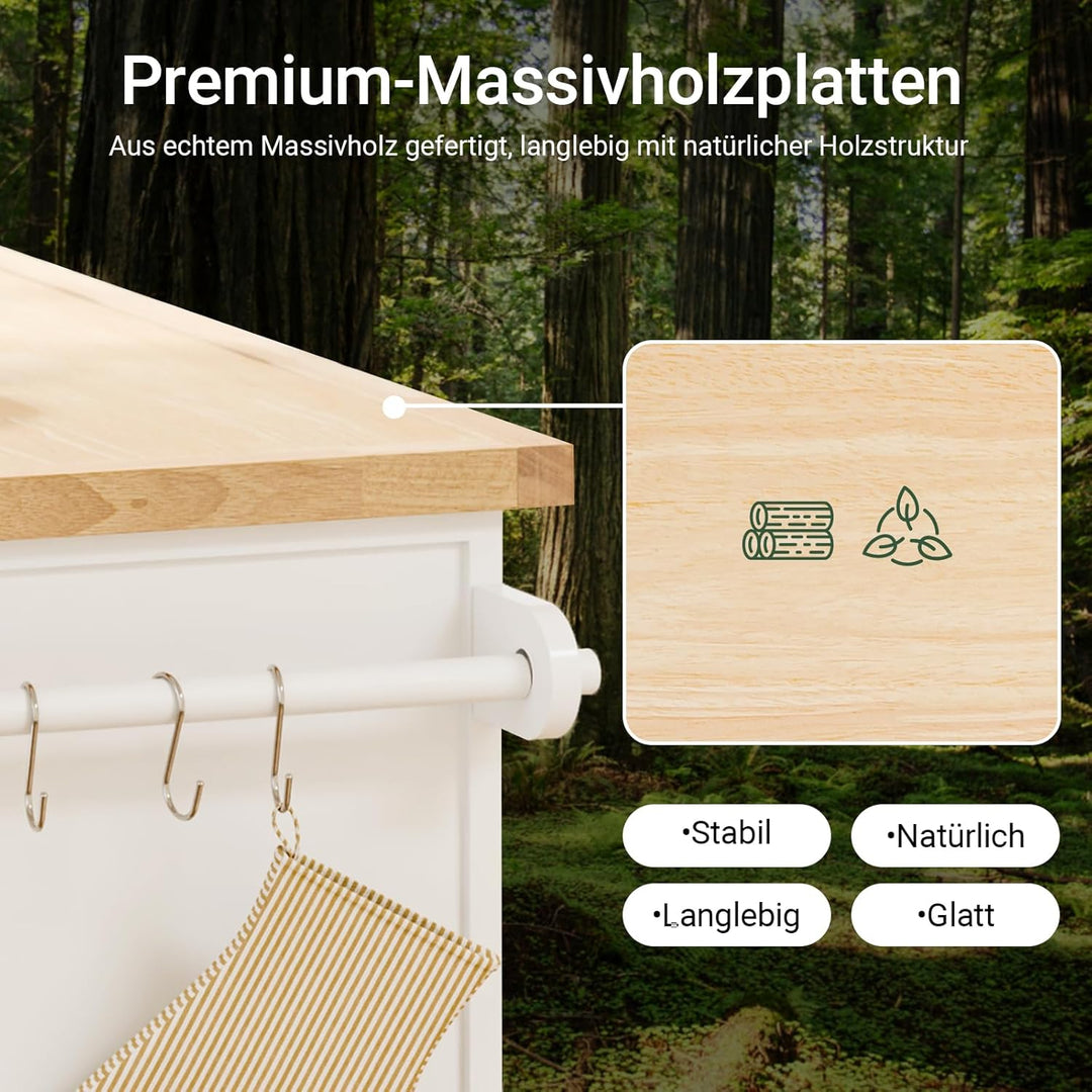 Stor køkkenø på hjul med udtrækkelig bordplade, mobil køkkenvogn med skuffer og opbevaring