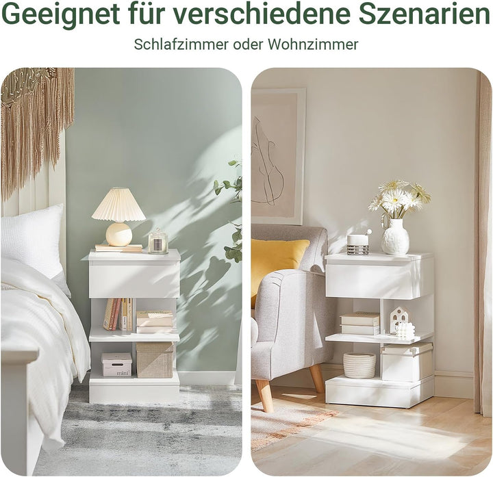 Sæt med 2 smalle hvide sengeborde – moderne natskabe med 1 skuffe og 2 hylder, 39 × 39 × 65 cm