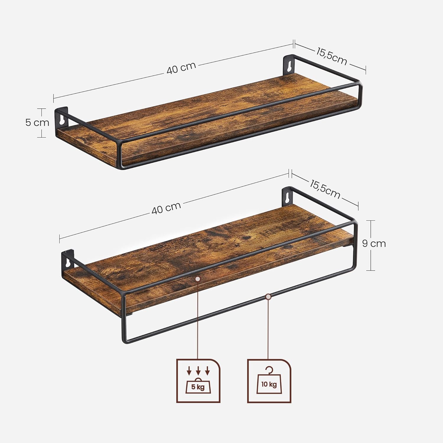 Sæt med 2 styks svævehylder i industrielt stil, L40 x B15,5 cm, brun