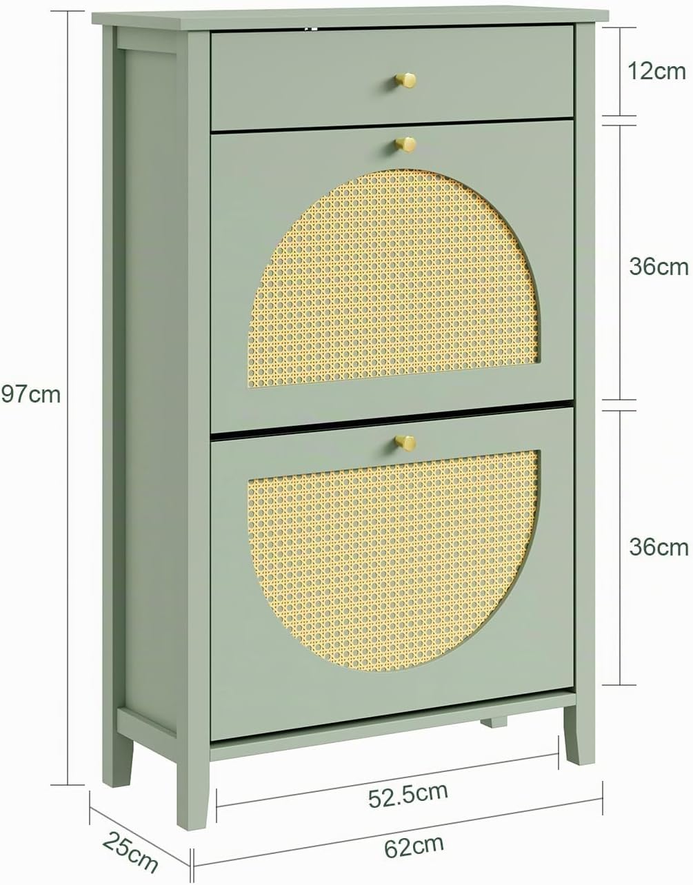 Skoskab smal - 62x25x97cm, MDF, rattandøre, skuffe, plads til 8 par sko, pladsbesparende, grøn gul