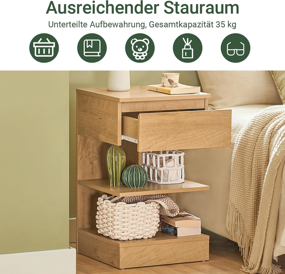 Sæt med 2 smalle sengeborde i natur – moderne natskabe med 1 skuffe og 2 hylder, 39 × 39 × 65 cm