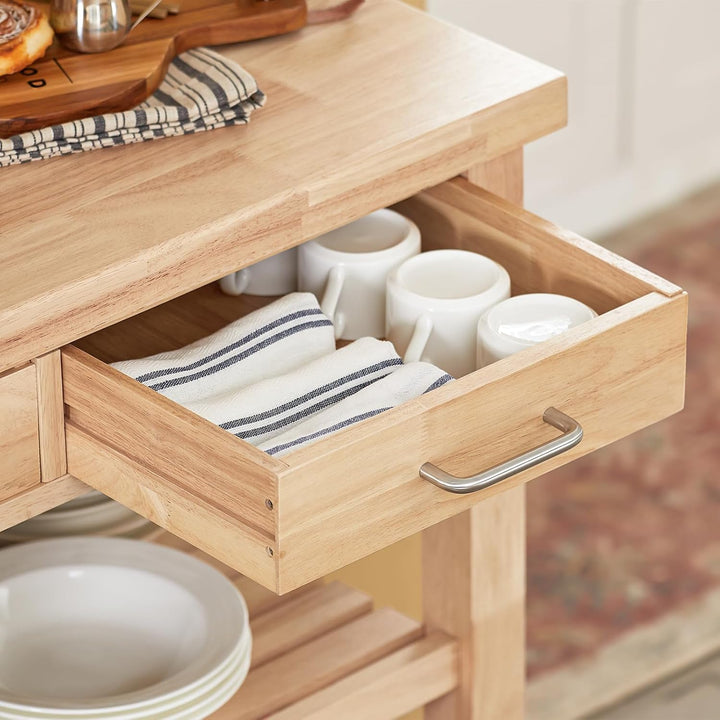 Serveringsvogn i massivt gummitræ – Mobil køkkenvogn med bordplade og hylder