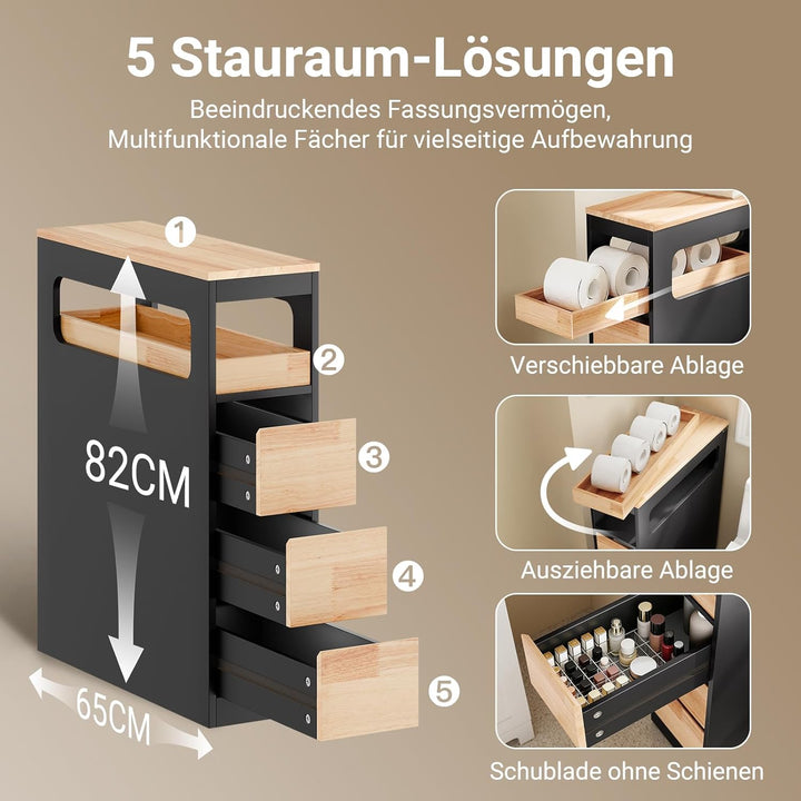 Smalt badeværelsesskab med 3 skuffer, pladsbesparende rullevogn på hjul, velegnet til badeværelse, toilet og køkkenopbevaring, 65x23x82 cm, sort