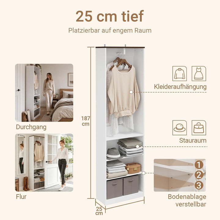 Smalt garderobeskab med tøjstang, 55 × 25 × 187 cm – 3 hylder og justerbar bundhylde
