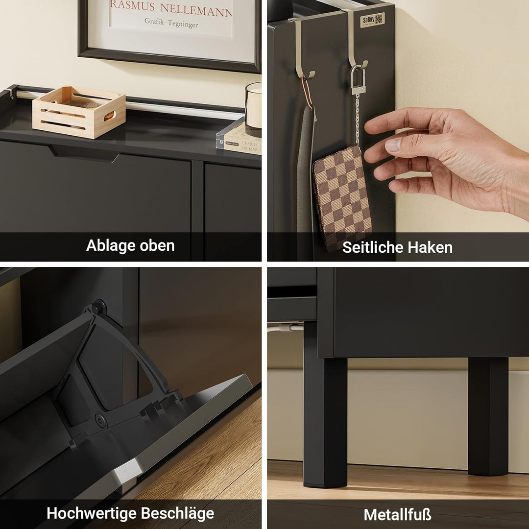 Smalt skoskab med sensorlys – sort nordisk design