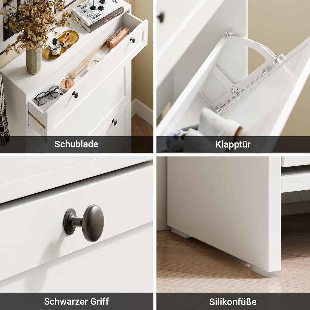 Smalt hvidt skoskab – plads til op til 8 par sko, med skuffer og foldedøre, ideelt gangmøbel til små lejligheder, 80 × 19 × 107 cm