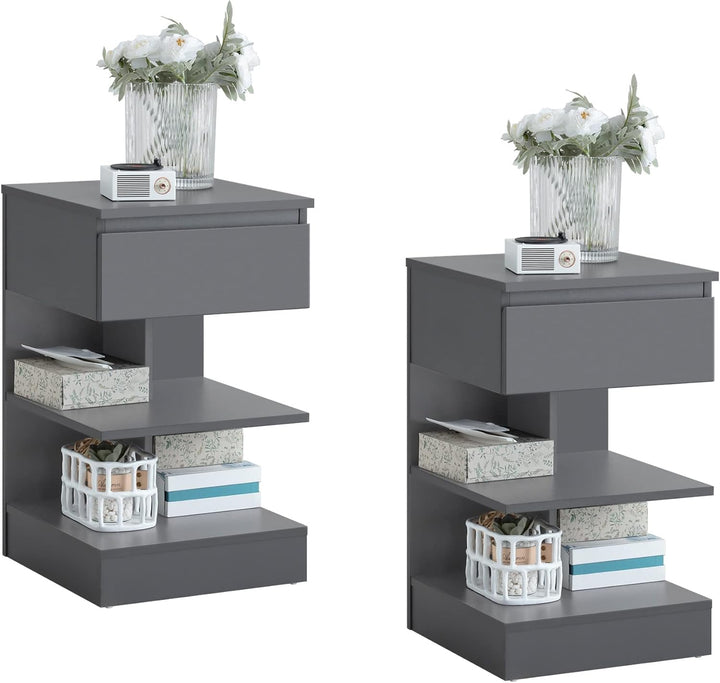 Sæt med 2 smalle sengeborde i grå – moderne natskabe med 1 skuffe og 2 hylder, 39 × 39 × 65 cm