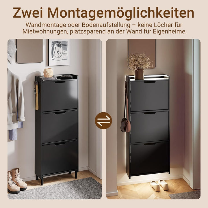 Smalt skoskab med sensorlys – sort nordisk design