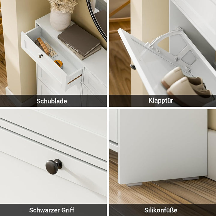 Smalt hvidt skoskab – moderne, pladsbesparende med plads til 12 par, inkl. anti-vippeanordning og silikonefødder, 100 × 19 × 107 cm