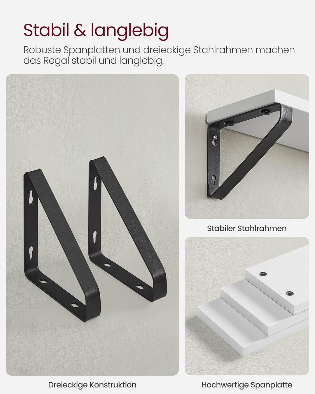 Sæt med 3 vægmonterede robuste displayhylder, industrielt design, hvid