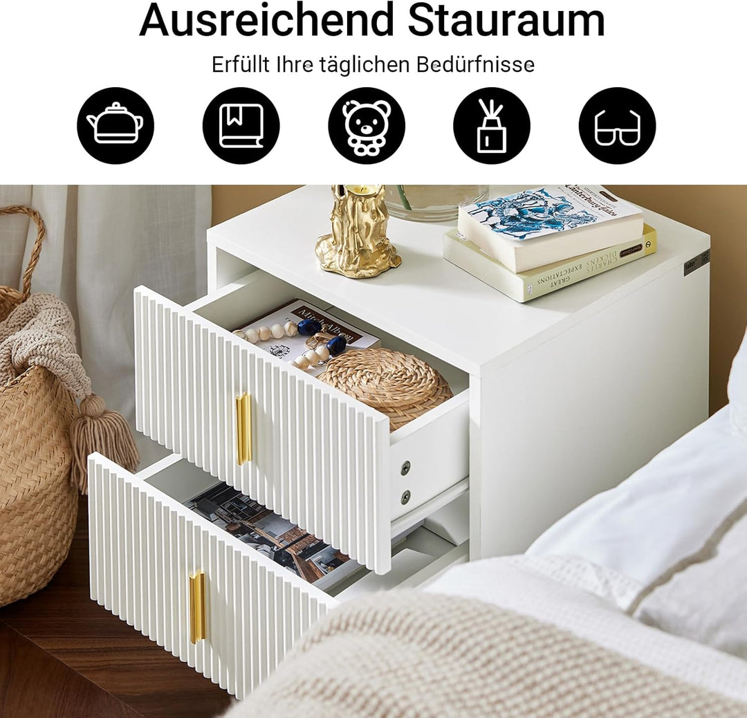 Sengeborde, sæt med 2 styks, natbord med 2 skuffer, moderne sidebord til soveværelse, B40 x D40 x H47 cm, hvid