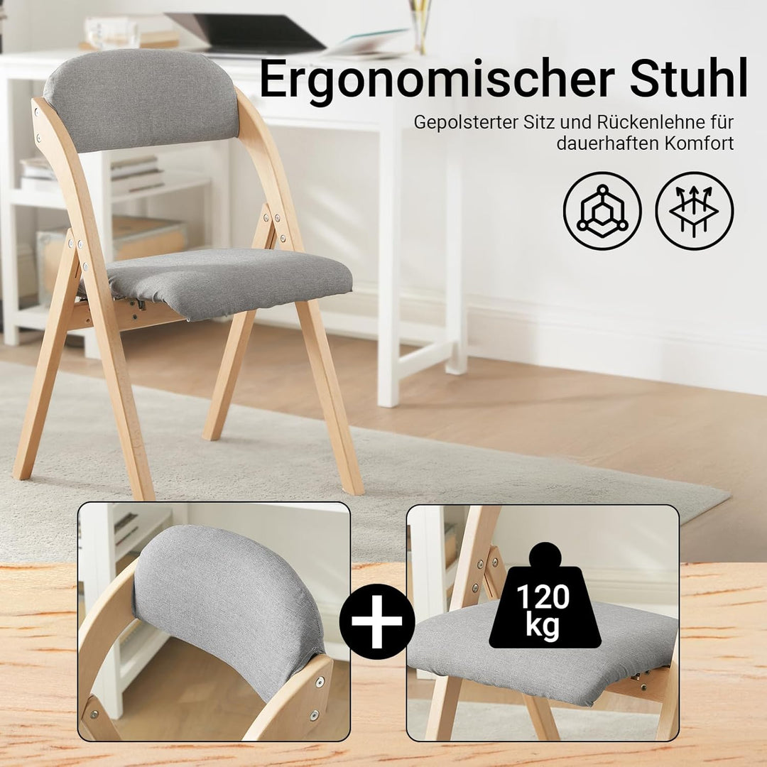 Sæt med 2 sammenklappelige, polstrede træstole i lysegrå – ergonomiske og pladsbesparende køkken- og spisebordstole, 47,5 × 77 × 59 cm