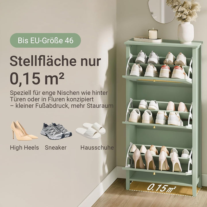Skoskab smal - 62x25x121,5cm, MDF, rattandøre, skuffe, plads til 8 par sko, pladsbesparende, grøn gul