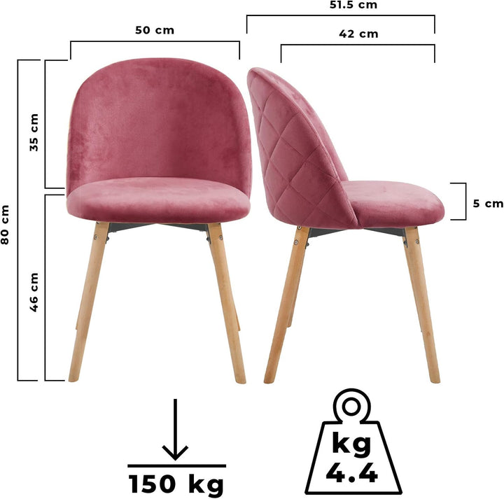 Spisebordsstole - pink, sæt med 2, fløjlssæde, moderne, polstrede ben af bøgetræ, med ryglæn