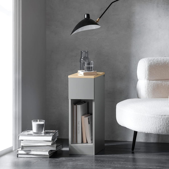 Smalt gråt sengebord på 20 cm, pladsbesparende natbord med skuffe til små rum