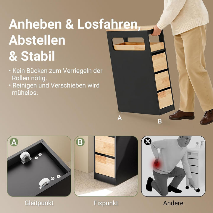 Smalt badeværelsesskab med 3 skuffer, pladsbesparende rullevogn på hjul, velegnet til badeværelse, toilet og køkkenopbevaring, 65x23x82 cm, sort