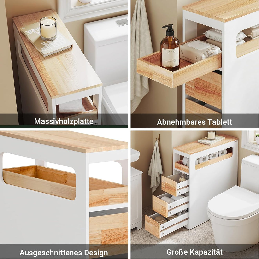 Smalt badeværelsesskab på hjul med 3 skuffer, pladsbesparende rullebord til badeværelse og toilet