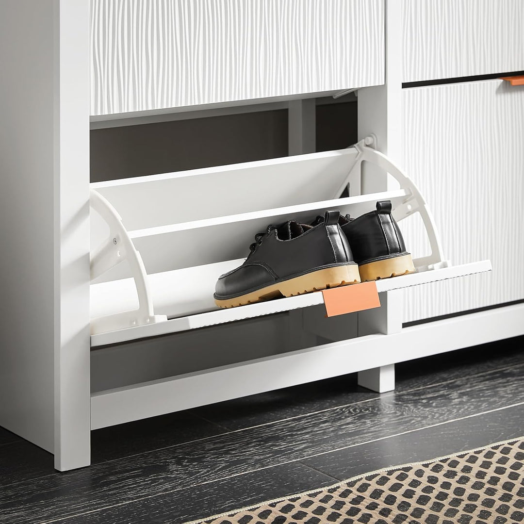 Smalt hvidt skoskab med 4 klaplåger – 8 opbevaringsrum til 16–24 par sko, ideel til entré og gang, 104 × 82 × 23 cm
