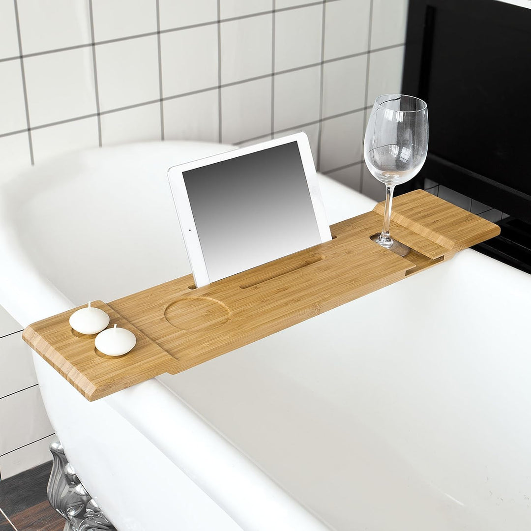 Badekarstativ i bambus, hylde til badekar med holder til tablet/mobil