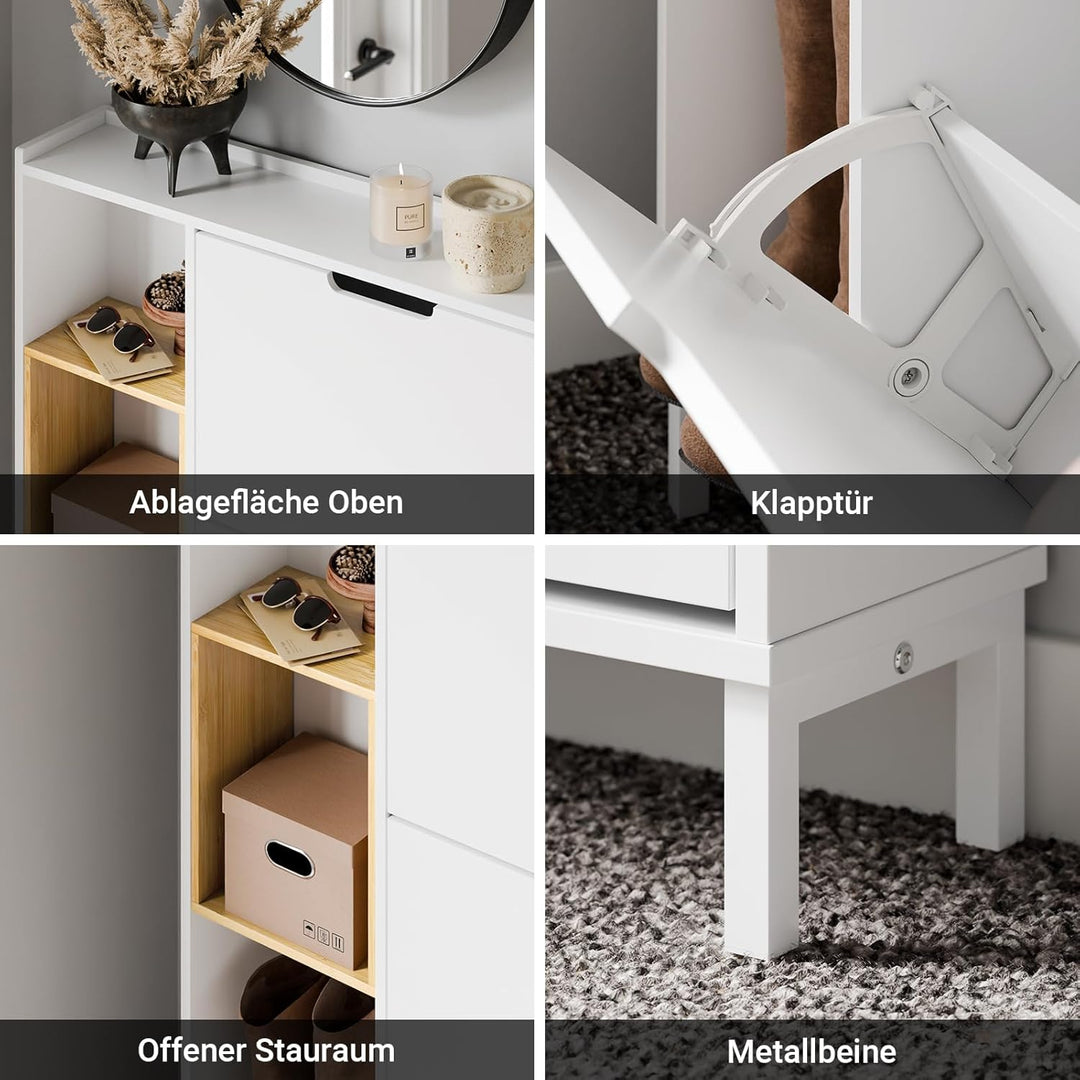 Smalt hvidt skoskab med bambus – kompakt skab med 3 klaplåger og åben træramme, pladsbesparende og ideelt til entré og gang, 90 × 19 × 129,5 cm