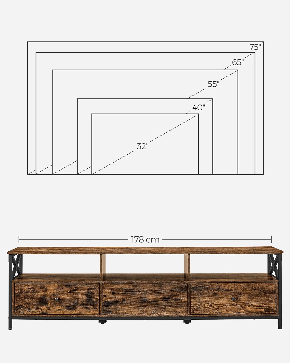 TV-bord til 65" skærm, med 3 skuffer og åbne hylder, 147x40x50 cm