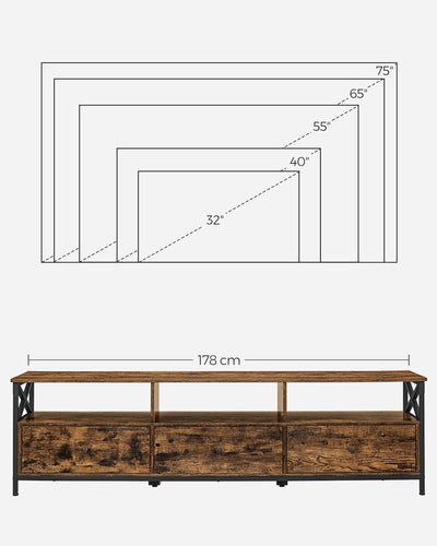 TV-bord til 65" skærm, med 3 skuffer og åbne hylder, 147x40x50 cm
