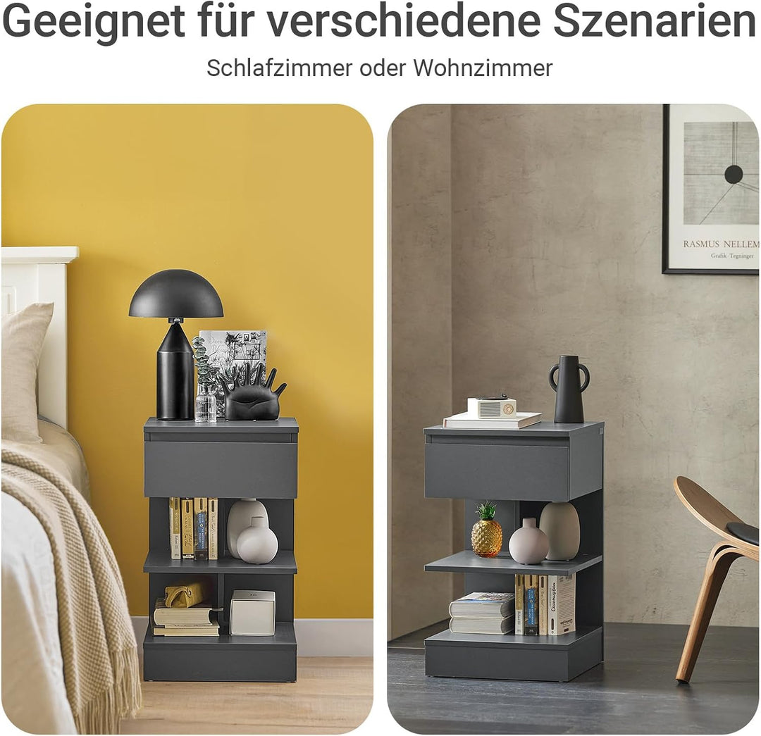 Sæt med 2 smalle sengeborde i grå – moderne natskabe med 1 skuffe og 2 hylder, 39 × 39 × 65 cm