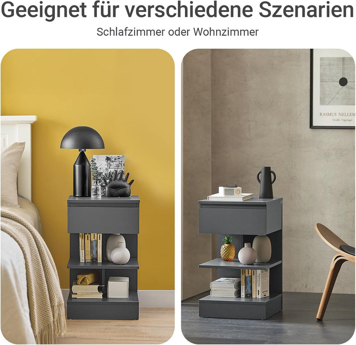 Sæt med 2 smalle sengeborde i grå – moderne natskabe med 1 skuffe og 2 hylder, 39 × 39 × 65 cm