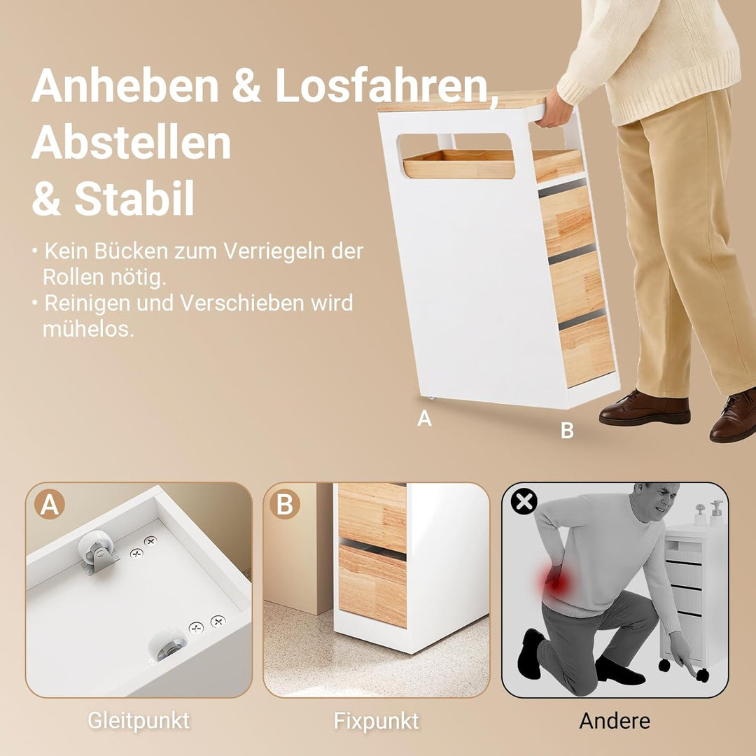 Smalt badeværelsesskab på hjul med 3 skuffer, pladsbesparende rullebord til badeværelse og toilet